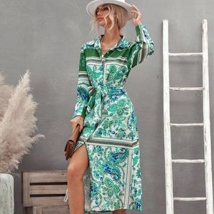 Green silk long sleeve dress with tie wrap